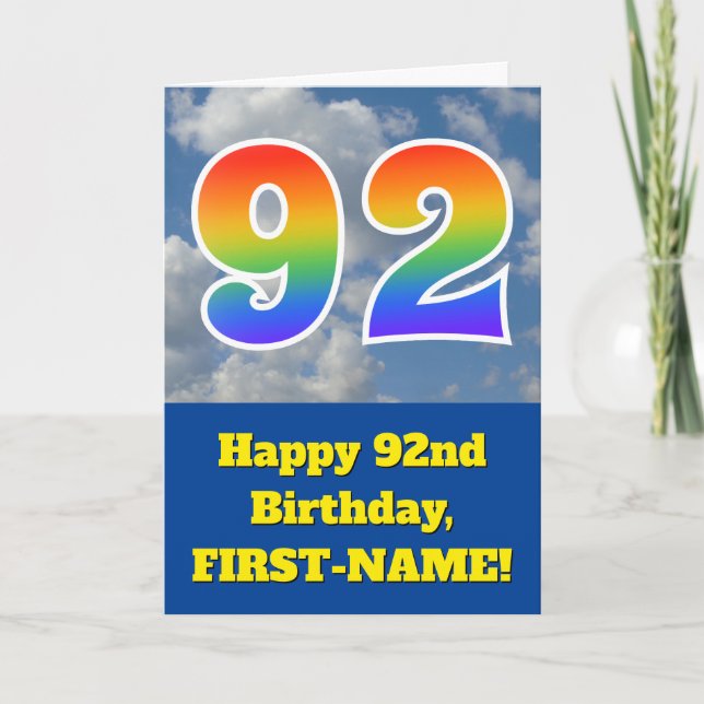 Cloudy Blue Sky, Rainbow Pattern "92" Birthday # Card (Front)