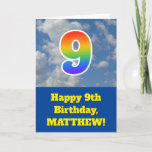 [ Thumbnail: Cloudy Blue Sky, Rainbow Pattern "9" Birthday # Card ]