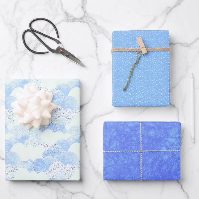 Cloudy Blue Textured Skies Wrapping Paper Sheets (Front)