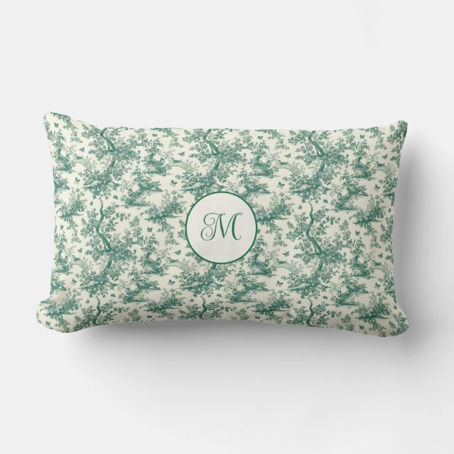 Cloudy Green Garden Butterfly French Toile Lumbar Pillow (Front)