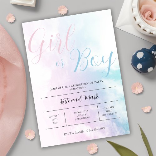 Cloudy Pink Blue Pastel Girl or Boy Gender Reveal Invitation