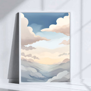 Cloudy Skies   Watercolor Sky Blue Clouds Poster