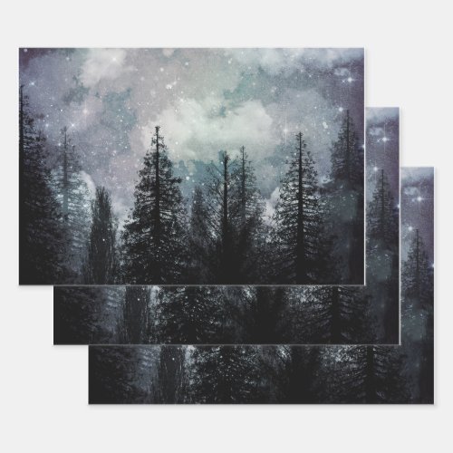 Cloudy Winter Pine Forest Wrapping Paper Sheets