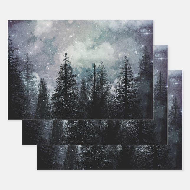 Cloudy Winter Pine Forest Wrapping Paper Sheets (Set)