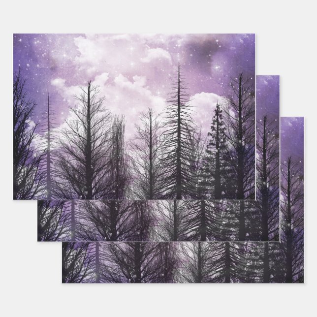 Cloudy Winter Purple Pine Forest Wrapping Paper Sheets (Set)