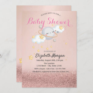 Clous Stars Planet Rose Gold Bokeh Baby Shower  Invitation