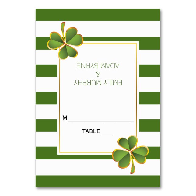 Clover and green stripes Irish wedding escort card (Front)
