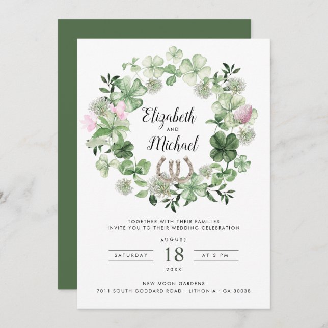 Clover Botanical Greenery Wreath | Horseshoes  Invitation (Front/Back)