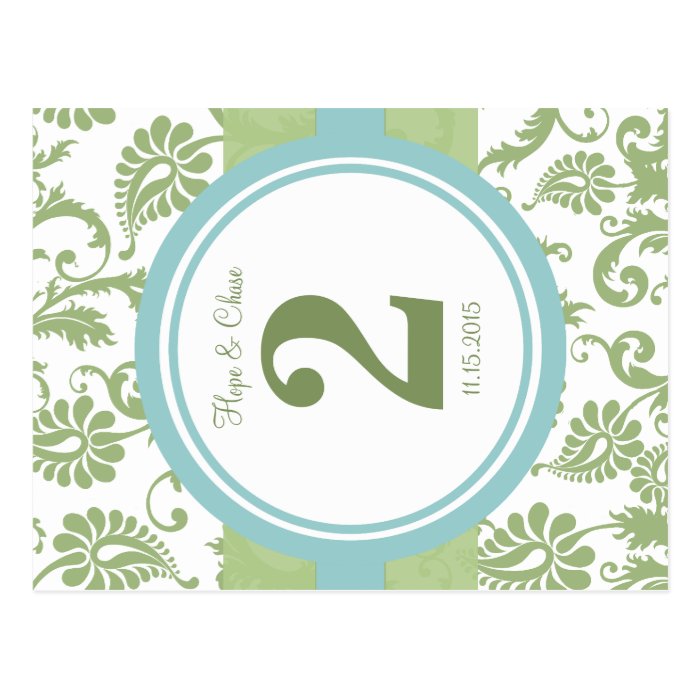 Clover Damask and Aqua Table Number Post Cards