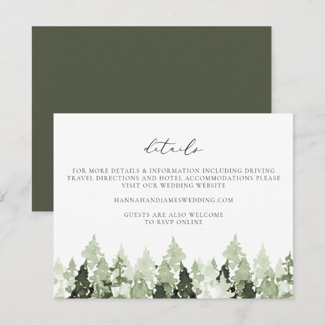 CLOVER Earthy Green Pine Tree Wedding Details Card (Front/Back)