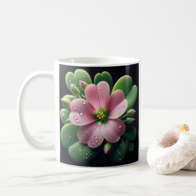 Clover Floral Pink and Green Oxalis Coffee Mug (With Donut)