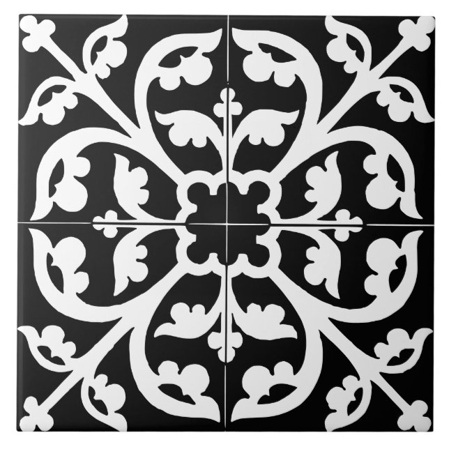 Clover Flower Floral Abstract Black & White Ceramic Tile (Front)