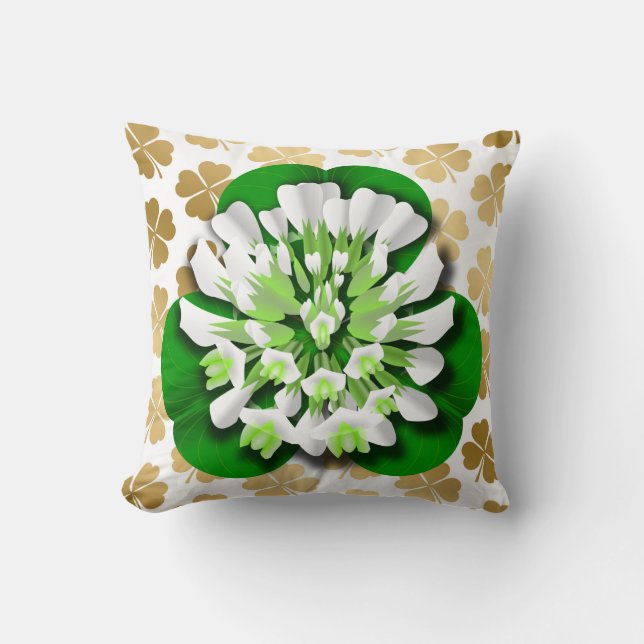 Clover Flower & Gold Shamrocks Throw Pillow (Front)