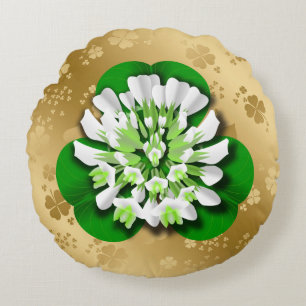 Clover Flower Golden Shamrocks Round Pillow