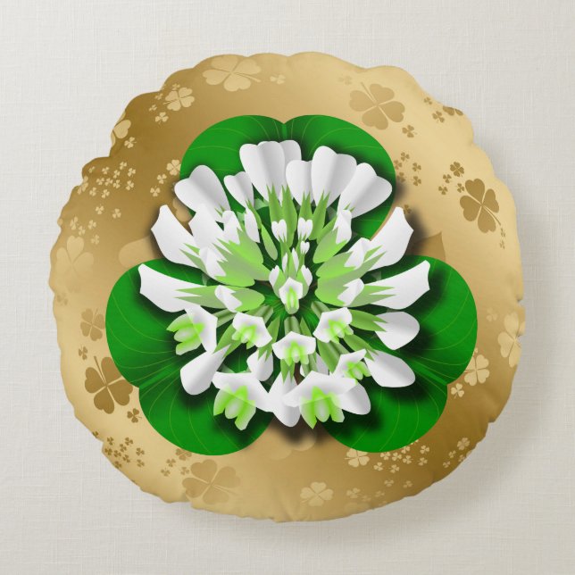 Clover Flower Golden Shamrocks Round Pillow (Front)