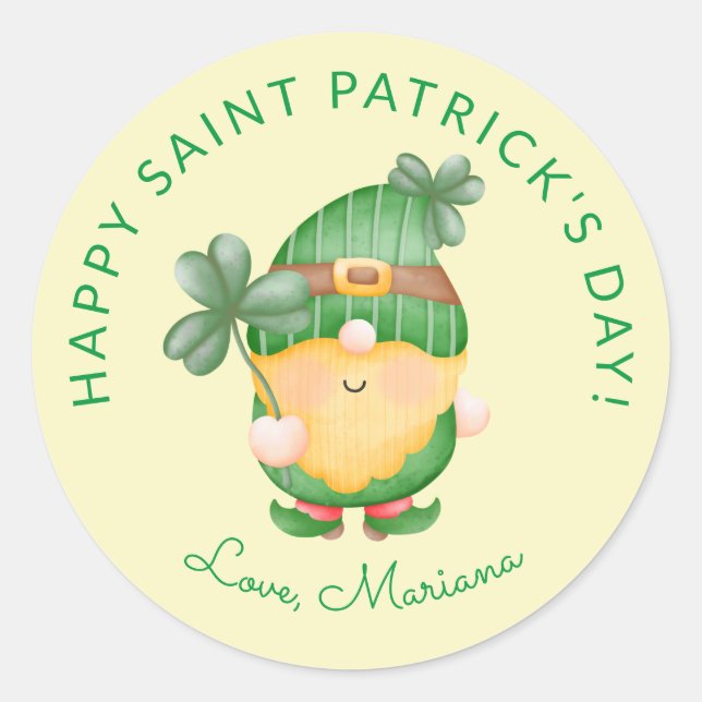 Clover Gnome Happy Saint Patricks Day Party Favors Classic Round Sticker (Front)