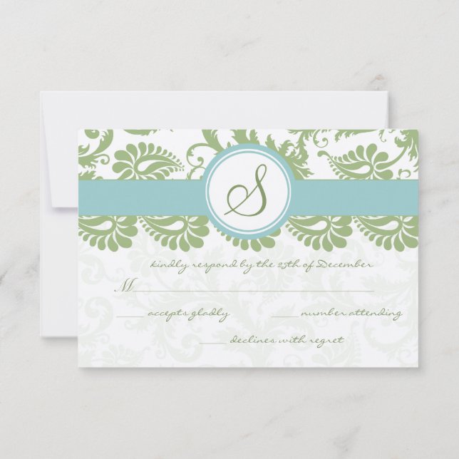 Clover Green and Aqua Damask Wedding RSVP Card (Back)