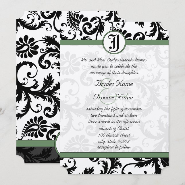 Clover Green Damask Swirls Wedding Invitation (Front/Back)