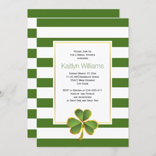 Clover green stripes Irish wedding bridal shower Invitation