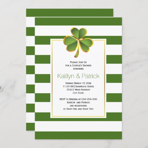 Clover green stripes Irish wedding couples shower Invitation