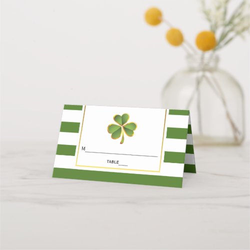 Clover green stripes Irish wedding folded escort Place Card