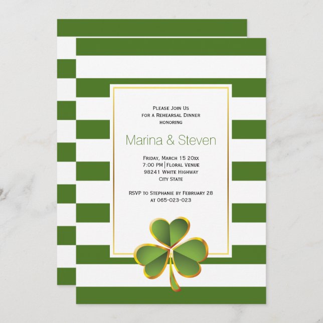 Clover & green, stripes wedding rehearsal dinner invitation (Front/Back)