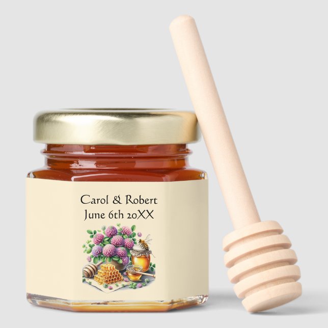 Clover Honey Bee Personalized Wedding  Honey Jar Favors (Front)