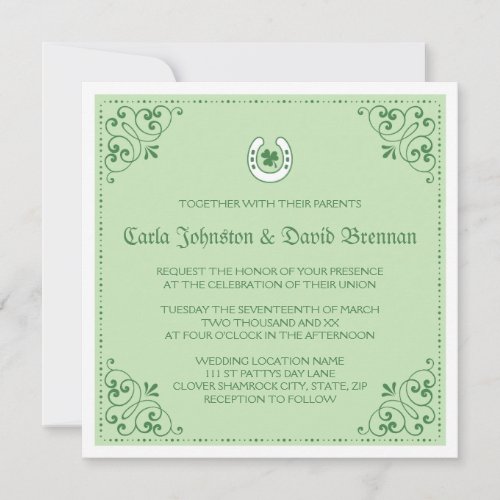 Clover horseshoe green St Patricks day wedding Invitation