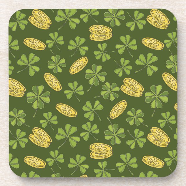 Clover Leaf & Gold Coin Pattern Beverage Coaster (Front)