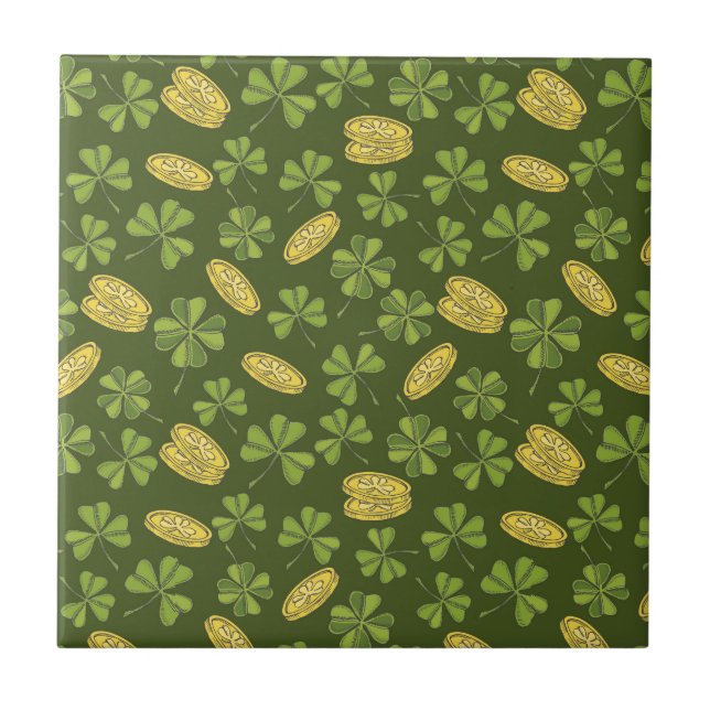 Clover Leaf & Gold Coin Pattern Ceramic Tile (Front)