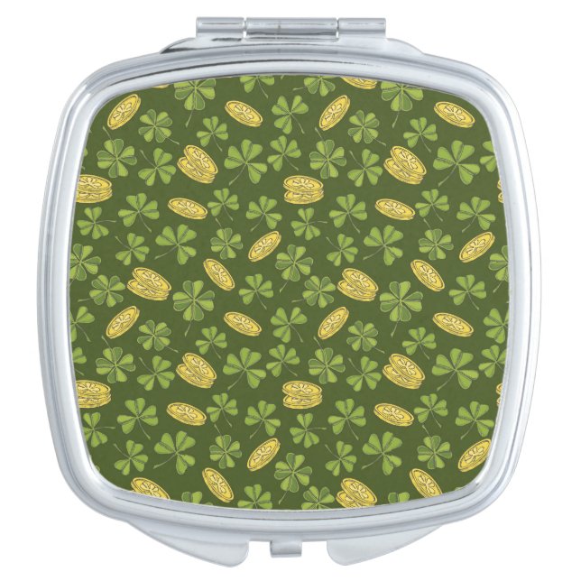 Clover Leaf & Gold Coin Pattern Compact Mirror (Front)