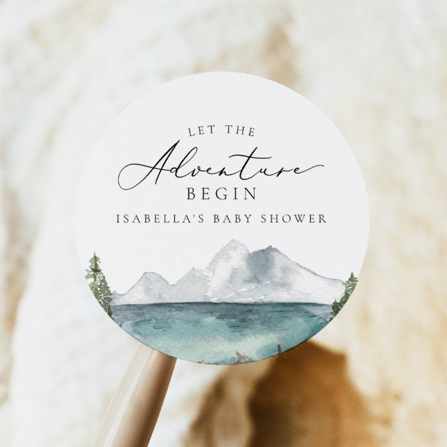 CLOVER Mountain Lake Adventure Baby Shower Classic Round Sticker (Creator Uploaded)