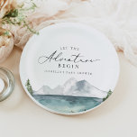 CLOVER Mountain Lake Adventure Baby Shower Paper Plates<br><div class="desc">The Clover Collection features a watercolor painting of a mountain lake with rustic green pine trees and an elegant script font. So perfect for your mountain or adventure themed baby shower.</div>