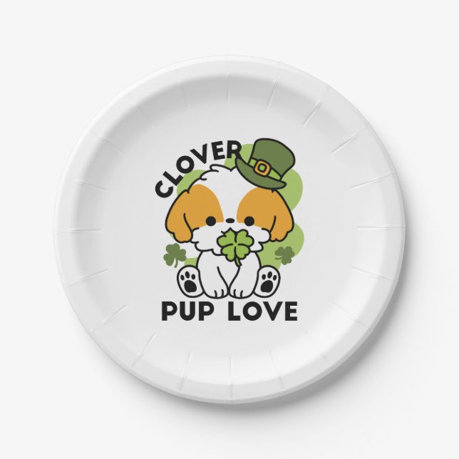 Clover Pup Love – St. Patrick's Day Dog Design Paper Plates (Front)