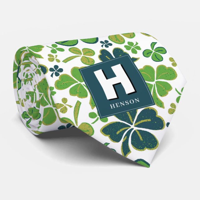 Clover Shamrock Monogrammed St. Patrick`s Day Neck Tie (Rolled)