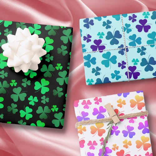 Clover Shamrock Retro Green Pink Blue Colorful Fun Wrapping Paper Sheets