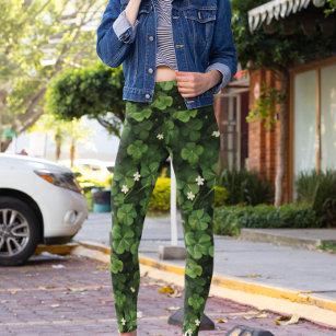 Green Flower Printed Lucky Shamrock Leggings