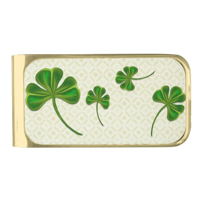 Clover Trail Whimsical Folk Art LUCKY CLOVER Gold Finish Money Clip (Front)