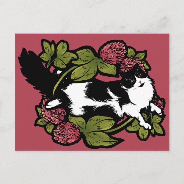 Clover Tuxedo Cat Floral Cats Postcard (Front)