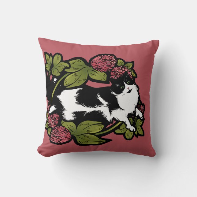 Clover Tuxedo Cat Floral Cats  Throw Pillow (Front)
