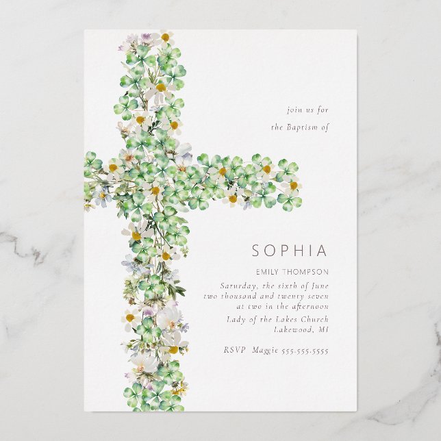 Clover wildflower cross the Baptism Christening Foil Invitation (Back)