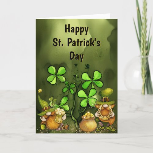 Clovers and Leprechaun Gnomes St Patricks Day Holiday Card