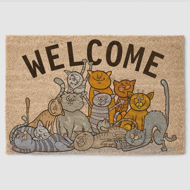 Clowder of Cats Design Coir Door Mat (Front)
