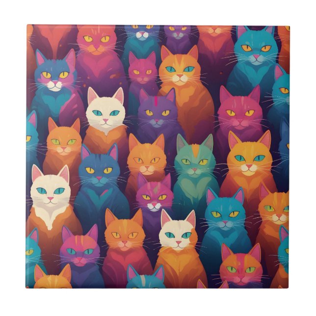 Clowder of colorful cats ceramic tile (Front)