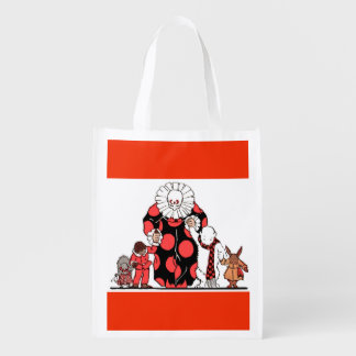clown and friends take their bow print reusable grocery bag