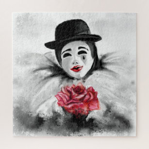 Clown and Rose - Romantic Black White Painting Art Jigsaw Puzzle