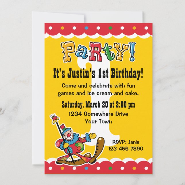 Clown Around 1st Birthday Party Invitations (Front)
