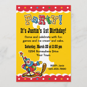 Clown Around 1st Birthday Party Invitations