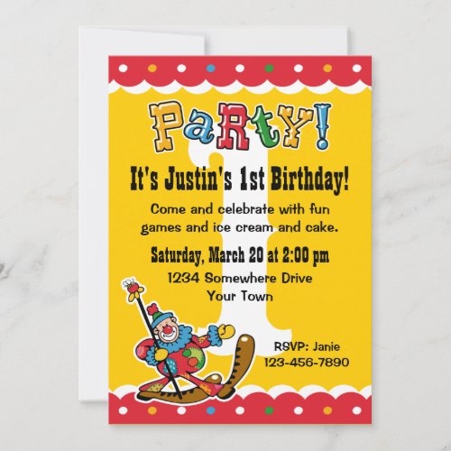 Clown Around 1st Birthday Party Invitations