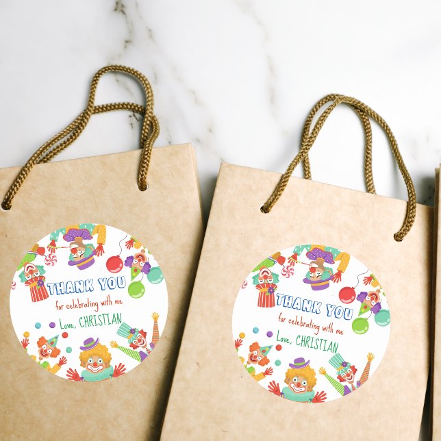 Clown circus birthday party personalized name classic round sticker (Creator Uploaded)